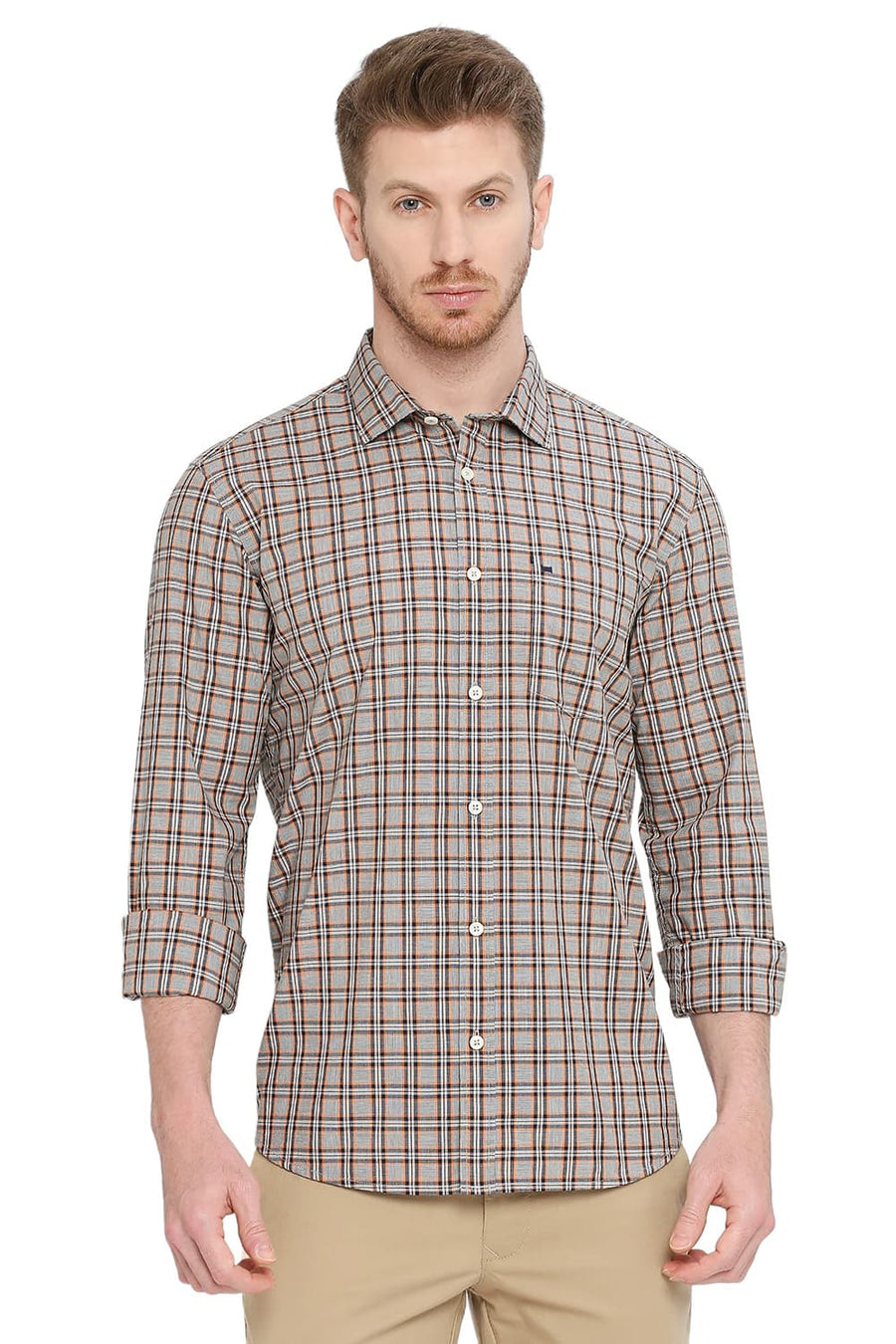 BASICS SLIM FIT GRANITE GREY COTTON CHECKS SHIRT