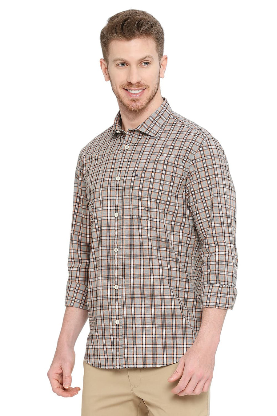 BASICS SLIM FIT GRANITE GREY COTTON CHECKS SHIRT