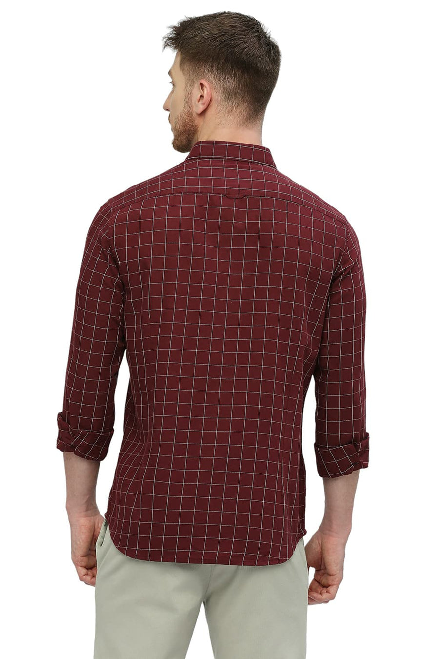 BASICS SLIM FIT CABERNET WINE COTTON TWILL CHECKS SHIRT