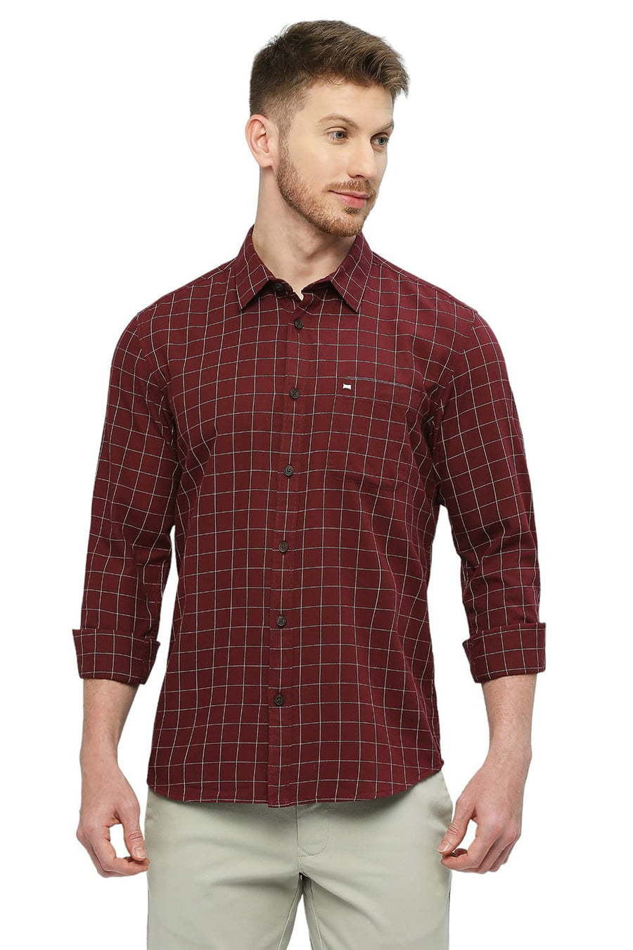 BASICS SLIM FIT CABERNET WINE COTTON TWILL CHECKS SHIRT
