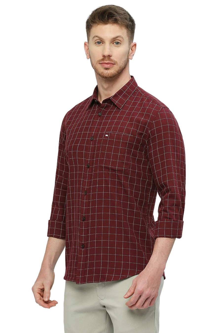 BASICS SLIM FIT CABERNET WINE COTTON TWILL CHECKS SHIRT