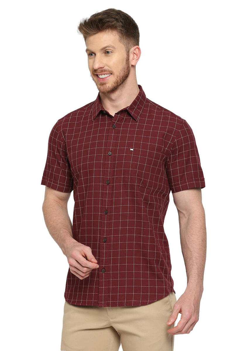 BASICS SLIM FIT COTTON TWILL CHECKS HALFSLEEVES SHIRT