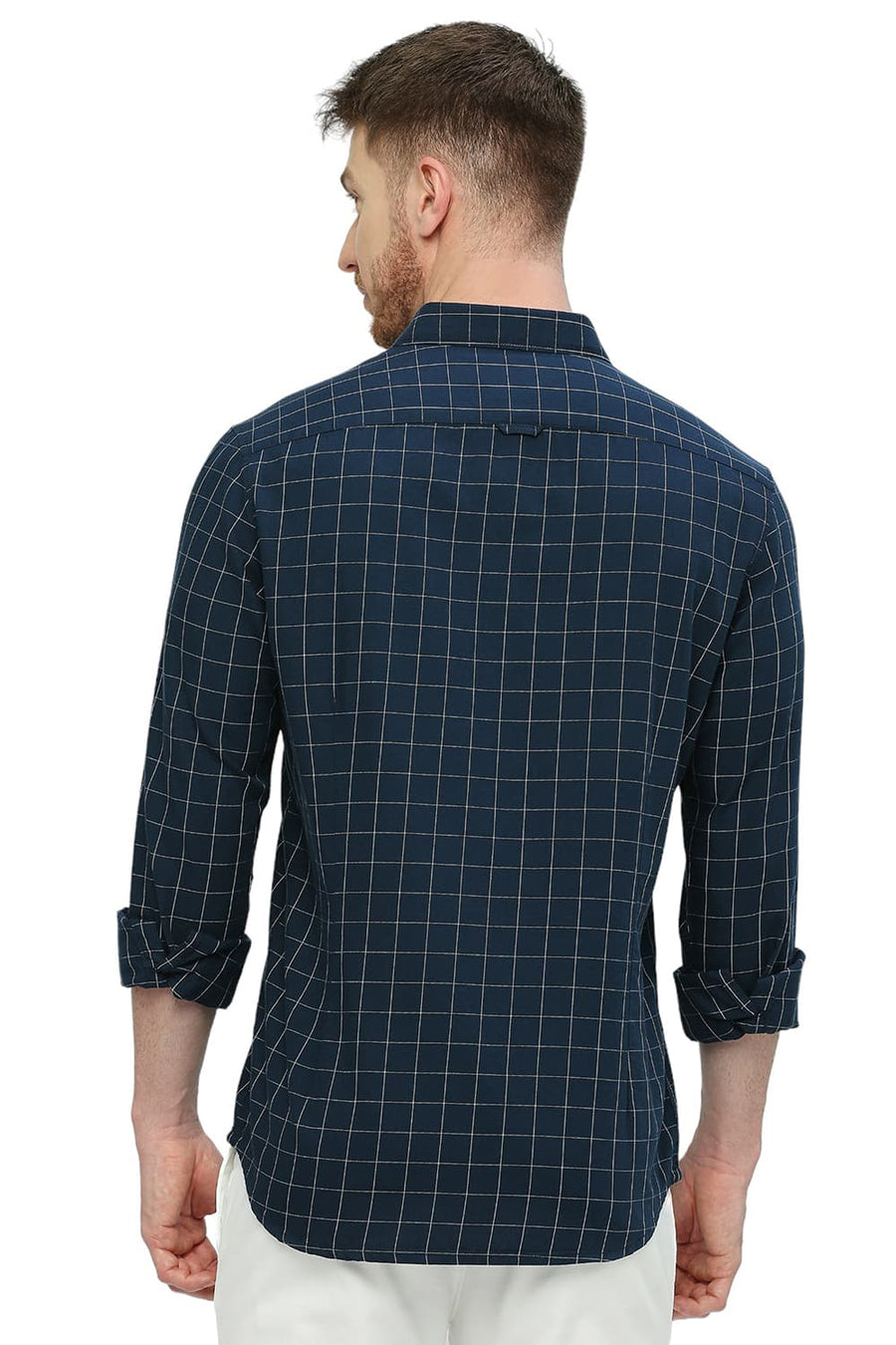 BASICS SLIM FIT STELLAR NAVY COTTON TWILL CHECKS SHIRT