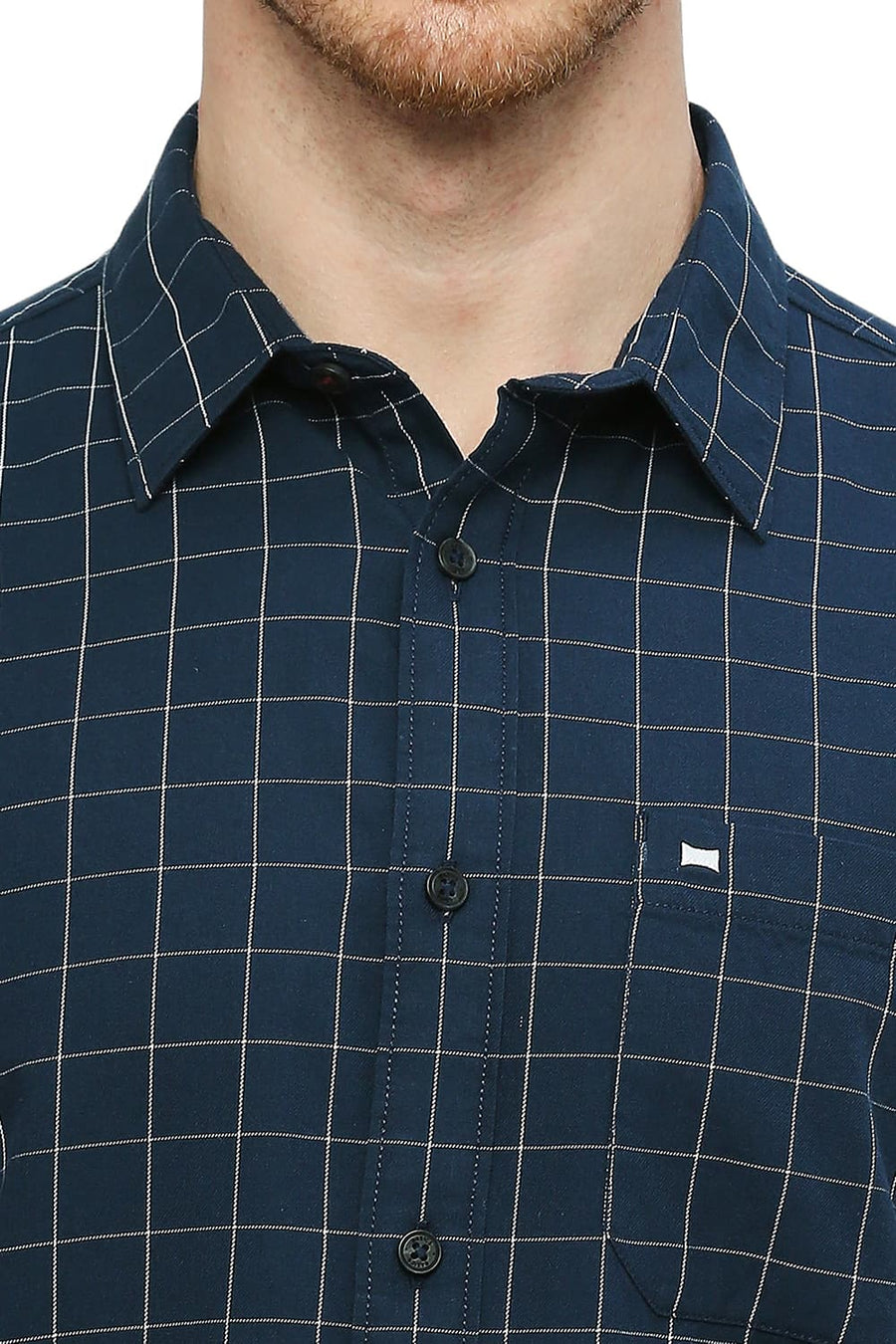 BASICS SLIM FIT STELLAR NAVY COTTON TWILL CHECKS SHIRT