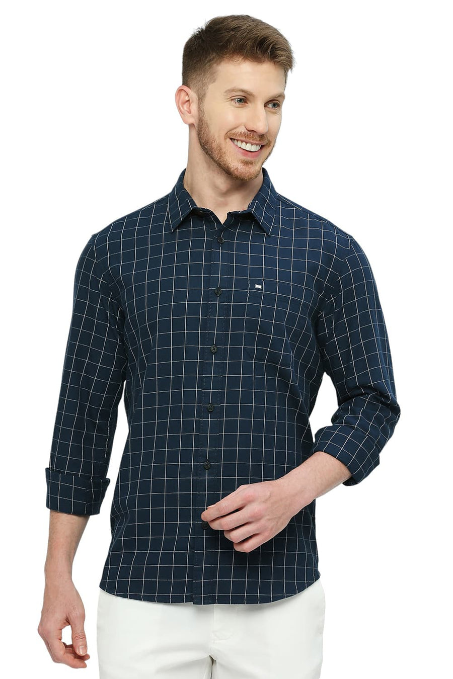 BASICS SLIM FIT STELLAR NAVY COTTON TWILL CHECKS SHIRT