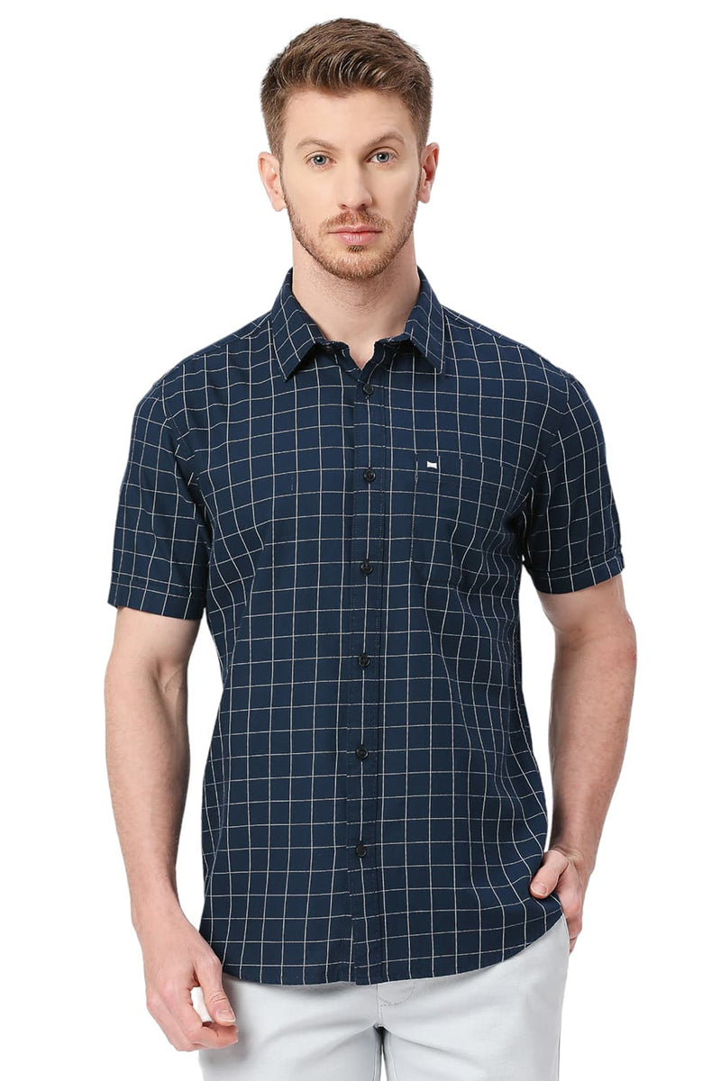 BASICS SLIM FIT COTTON TWILL CHECKS HALFSLEEVES SHIRT