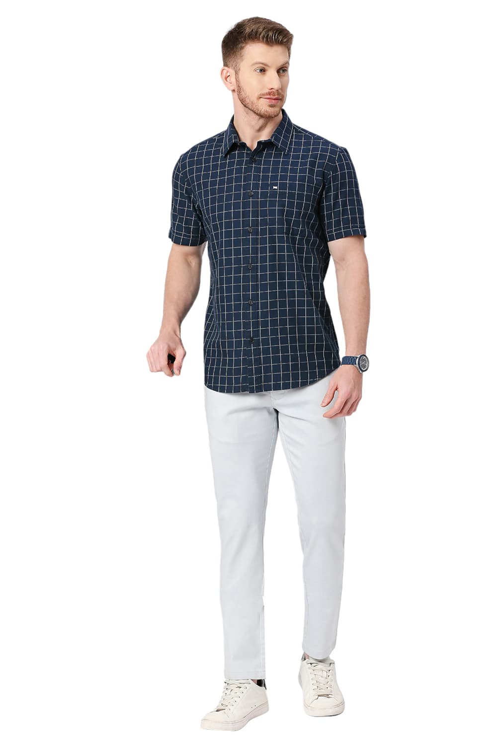 BASICS SLIM FIT COTTON TWILL CHECKS HALFSLEEVES SHIRT