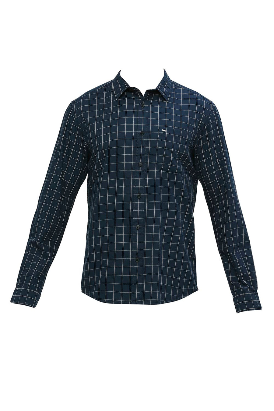 BASICS SLIM FIT STELLAR NAVY COTTON TWILL CHECKS SHIRT