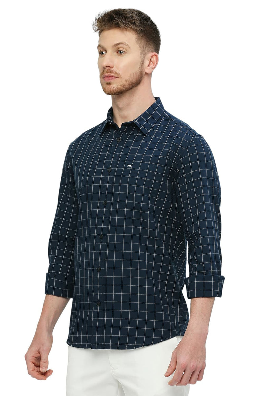 BASICS SLIM FIT STELLAR NAVY COTTON TWILL CHECKS SHIRT