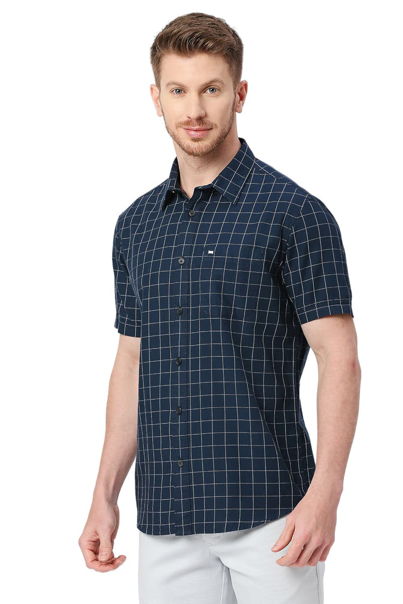 BASICS SLIM FIT COTTON TWILL CHECKS HALFSLEEVES SHIRT