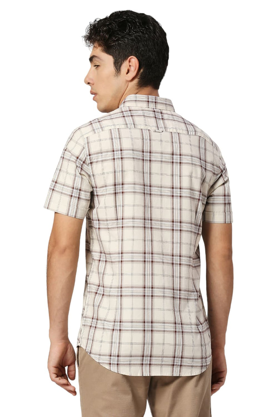 BASICS SLIM FIT TURTLE DOVE BEIGE COTTON OXFORD CHECKS HALFSLEEVES SHIRT