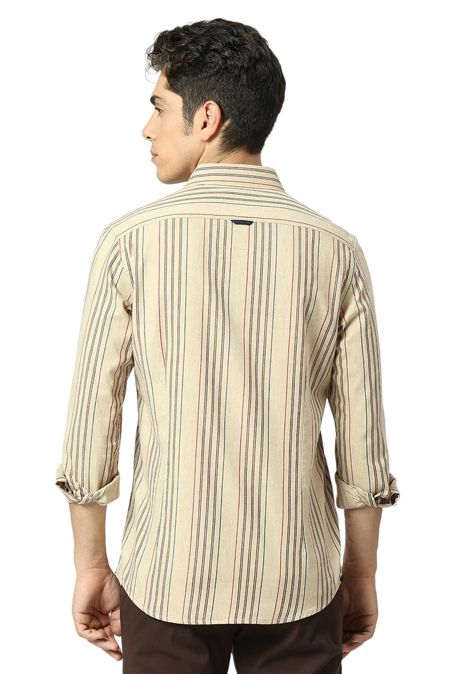 BASICS SLIM FIT TURTLE DOVE BEIGE COTTON OXFORD CHECKS SHIRT