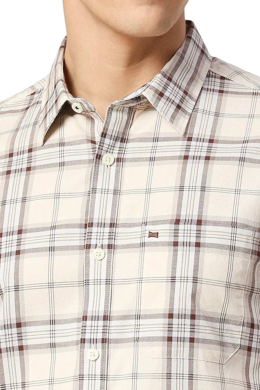BASICS SLIM FIT TURTLE DOVE BEIGE COTTON OXFORD CHECKS HALFSLEEVES SHIRT