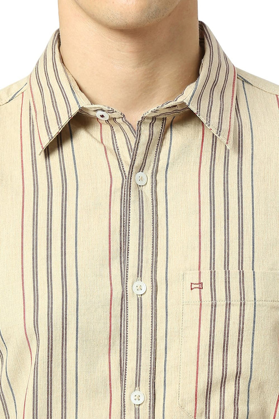 BASICS SLIM FIT TURTLE DOVE BEIGE COTTON OXFORD CHECKS SHIRT
