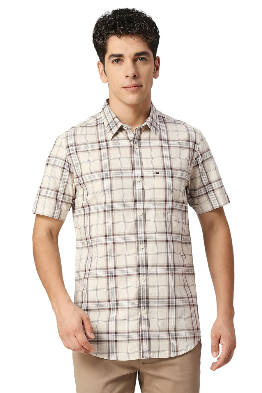 BASICS SLIM FIT TURTLE DOVE BEIGE COTTON OXFORD CHECKS HALFSLEEVES SHIRT