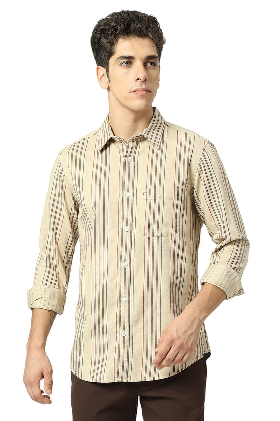 BASICS SLIM FIT TURTLE DOVE BEIGE COTTON OXFORD CHECKS SHIRT