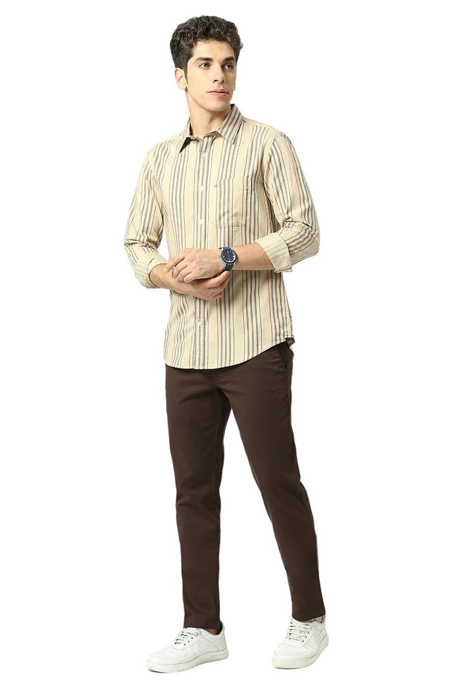 BASICS SLIM FIT TURTLE DOVE BEIGE COTTON OXFORD CHECKS SHIRT
