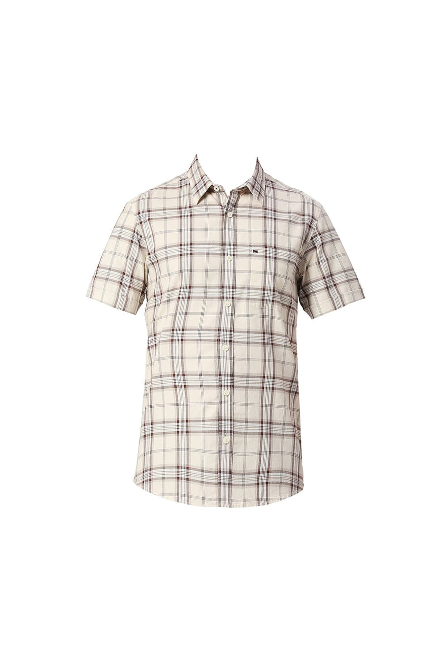 BASICS SLIM FIT TURTLE DOVE BEIGE COTTON OXFORD CHECKS HALFSLEEVES SHIRT