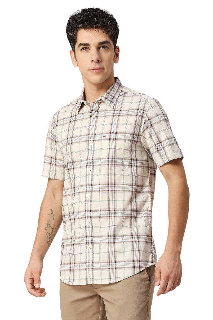 BASICS SLIM FIT TURTLE DOVE BEIGE COTTON OXFORD CHECKS HALFSLEEVES SHIRT