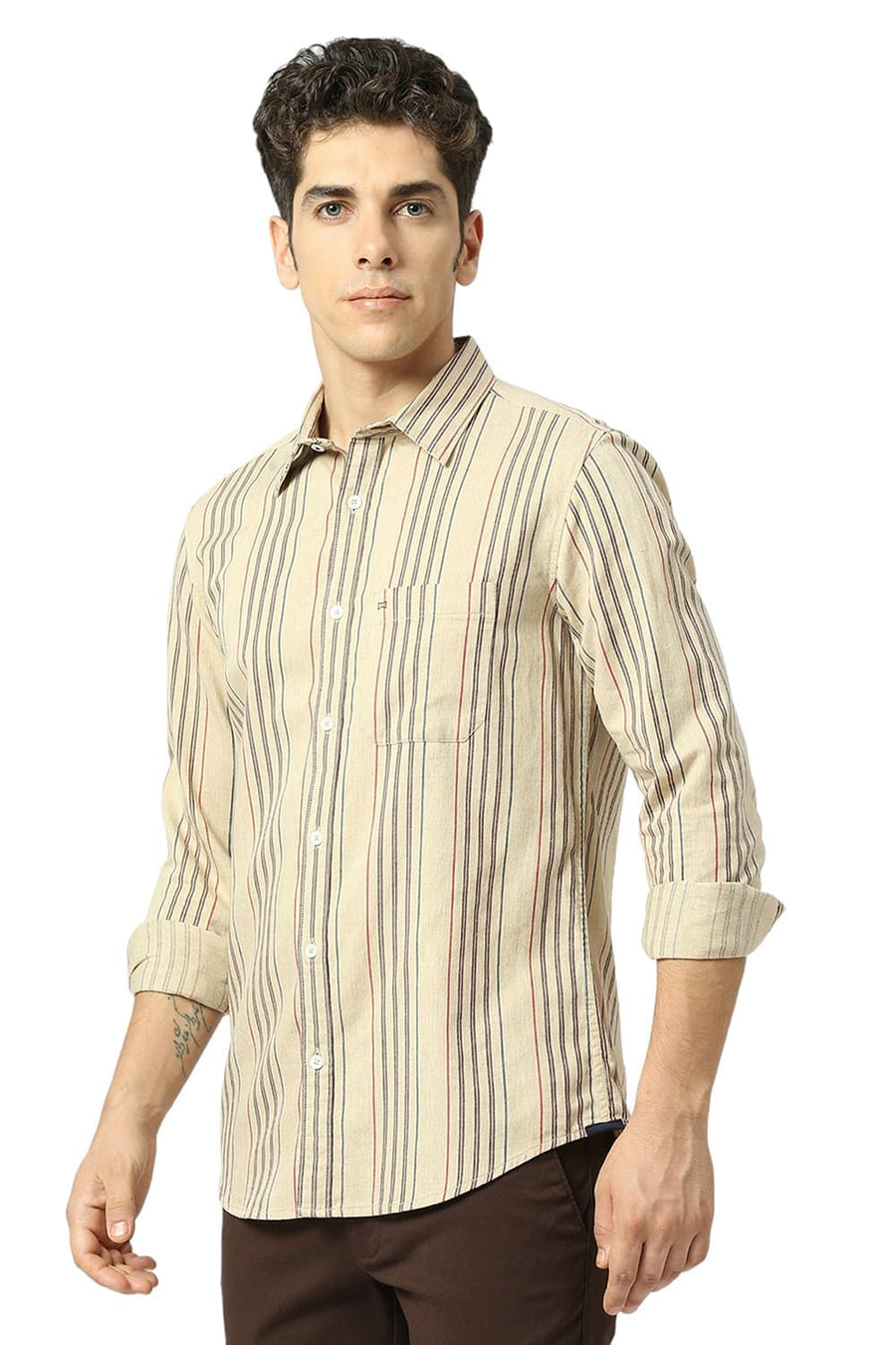 BASICS SLIM FIT TURTLE DOVE BEIGE COTTON OXFORD CHECKS SHIRT
