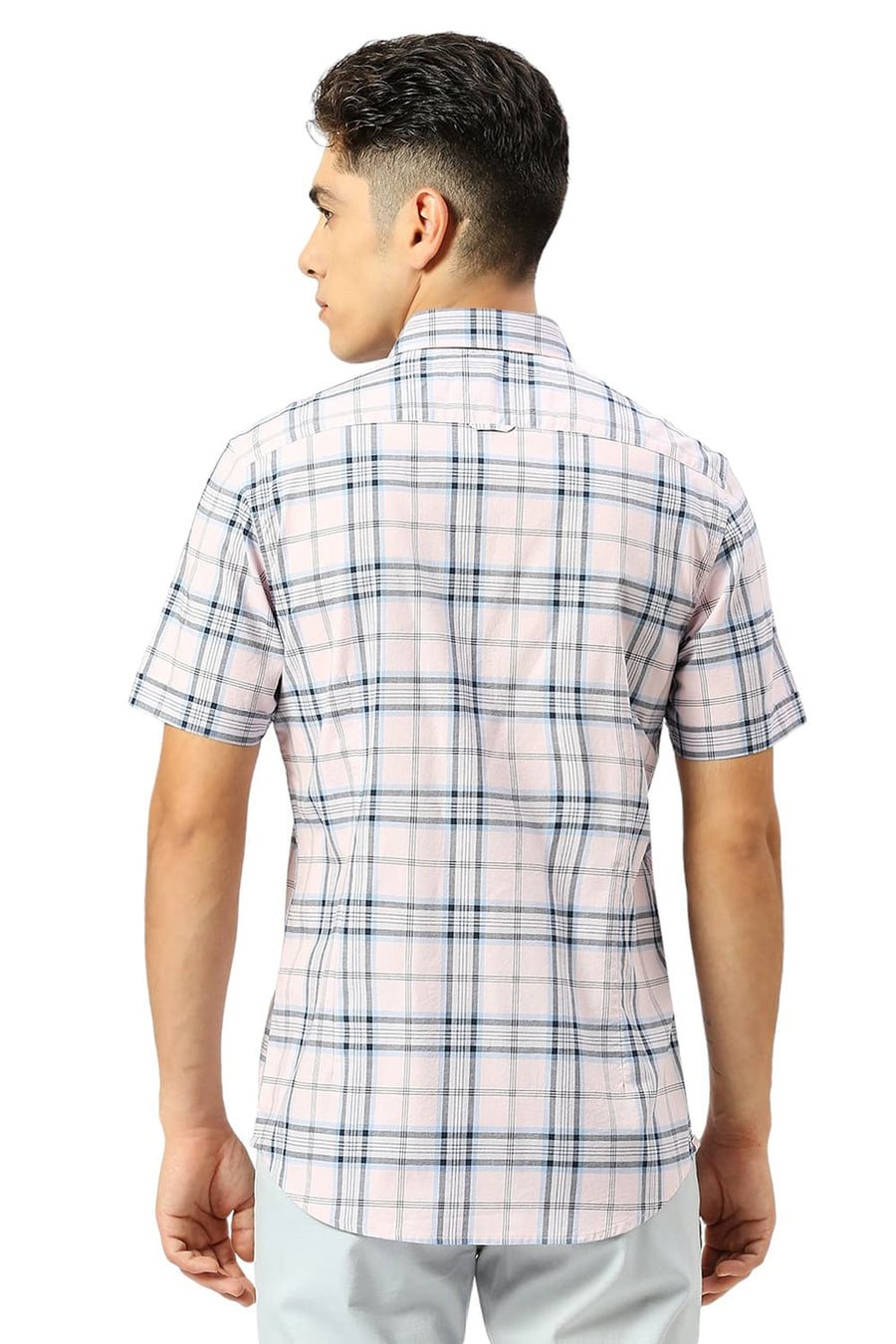 BASICS SLIM FIT BALLET PINK COTTON OXFORD CHECKS HALFSLEEVES SHIRT