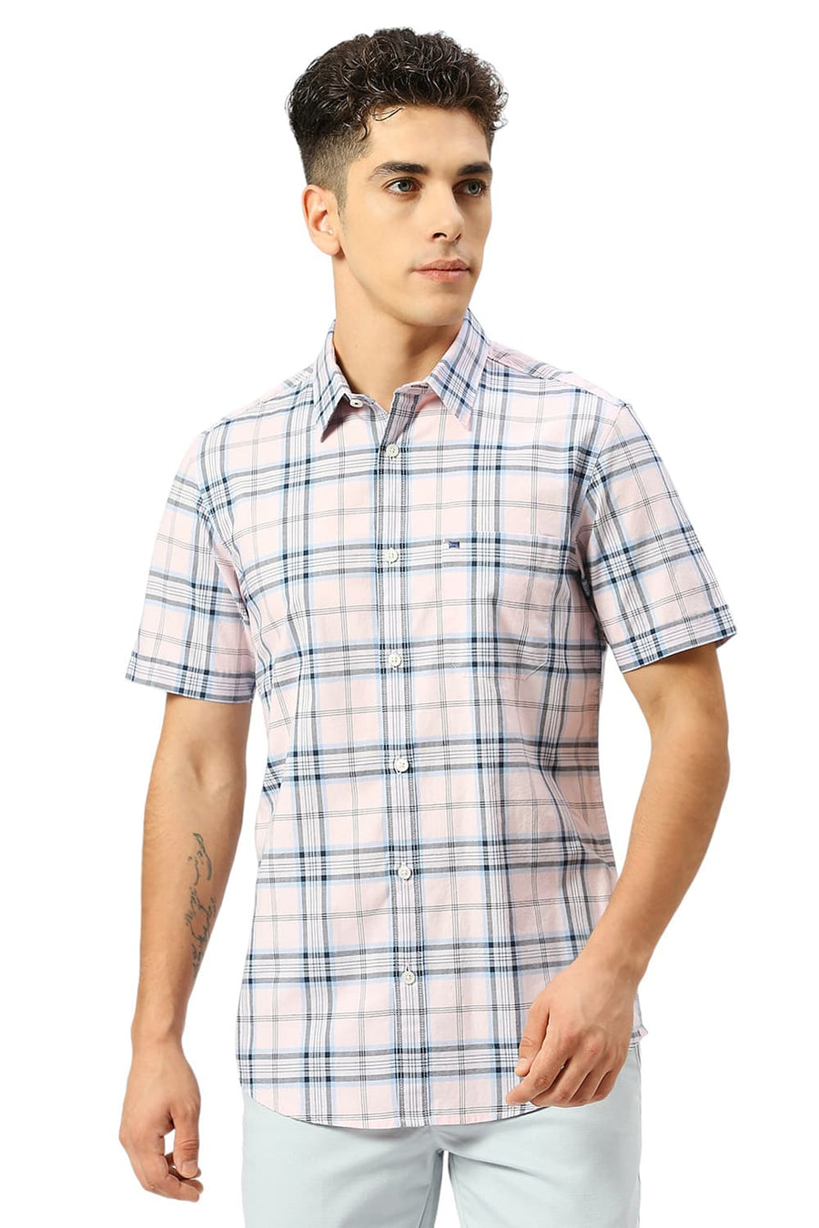 BASICS SLIM FIT BALLET PINK COTTON OXFORD CHECKS HALFSLEEVES SHIRT
