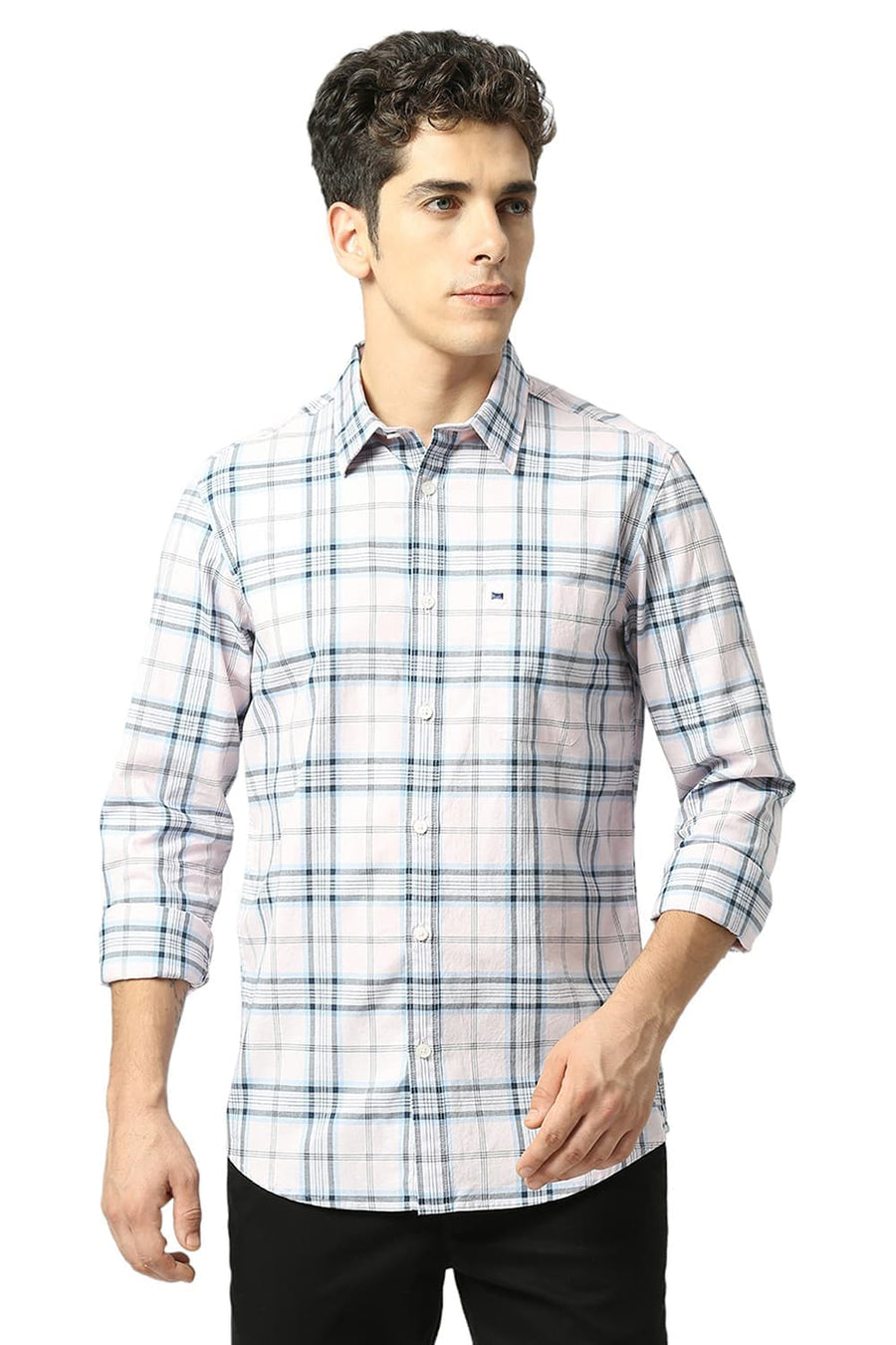 BASICS SLIM FIT BALLET PINK COTTON OXFORD CHECKS SHIRT