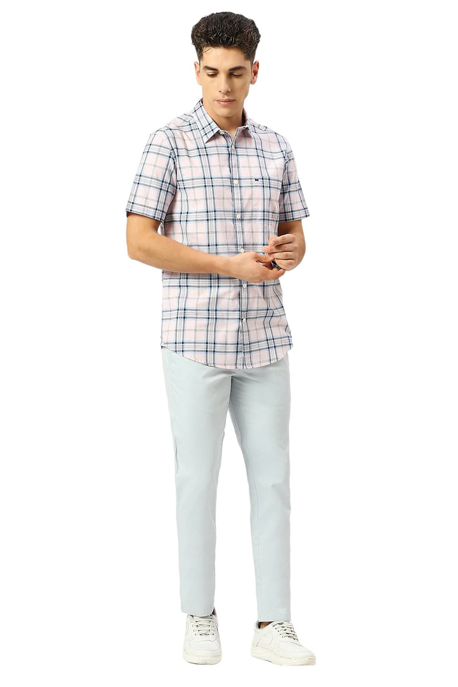 BASICS SLIM FIT BALLET PINK COTTON OXFORD CHECKS HALFSLEEVES SHIRT