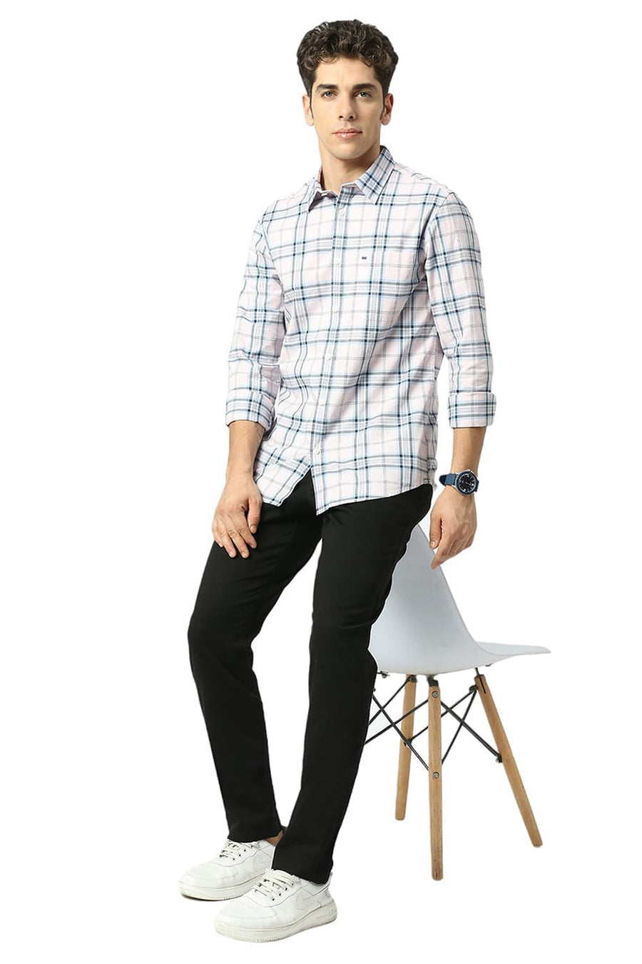 BASICS SLIM FIT BALLET PINK COTTON OXFORD CHECKS SHIRT