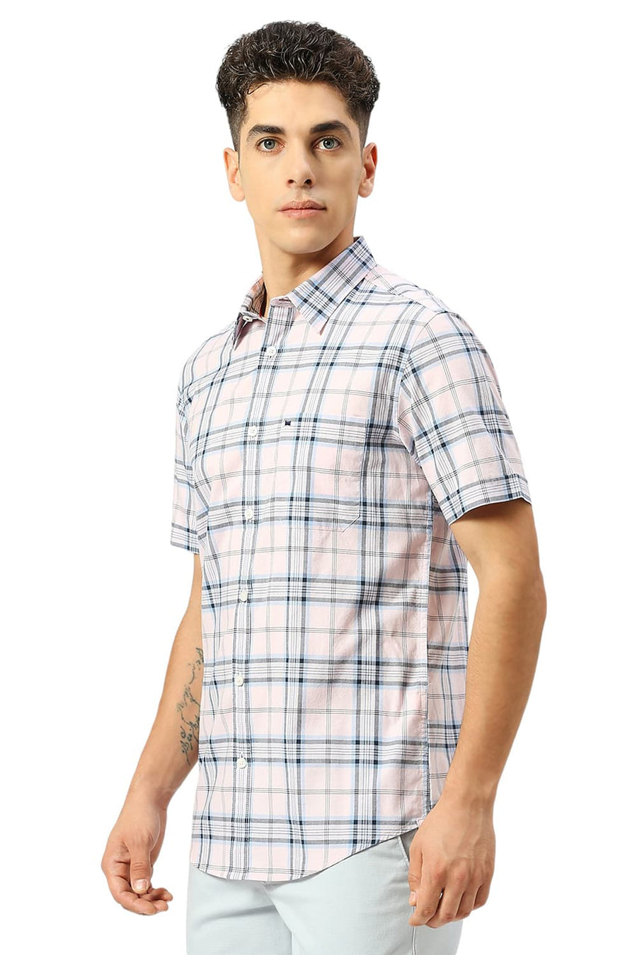 BASICS SLIM FIT BALLET PINK COTTON OXFORD CHECKS HALFSLEEVES SHIRT