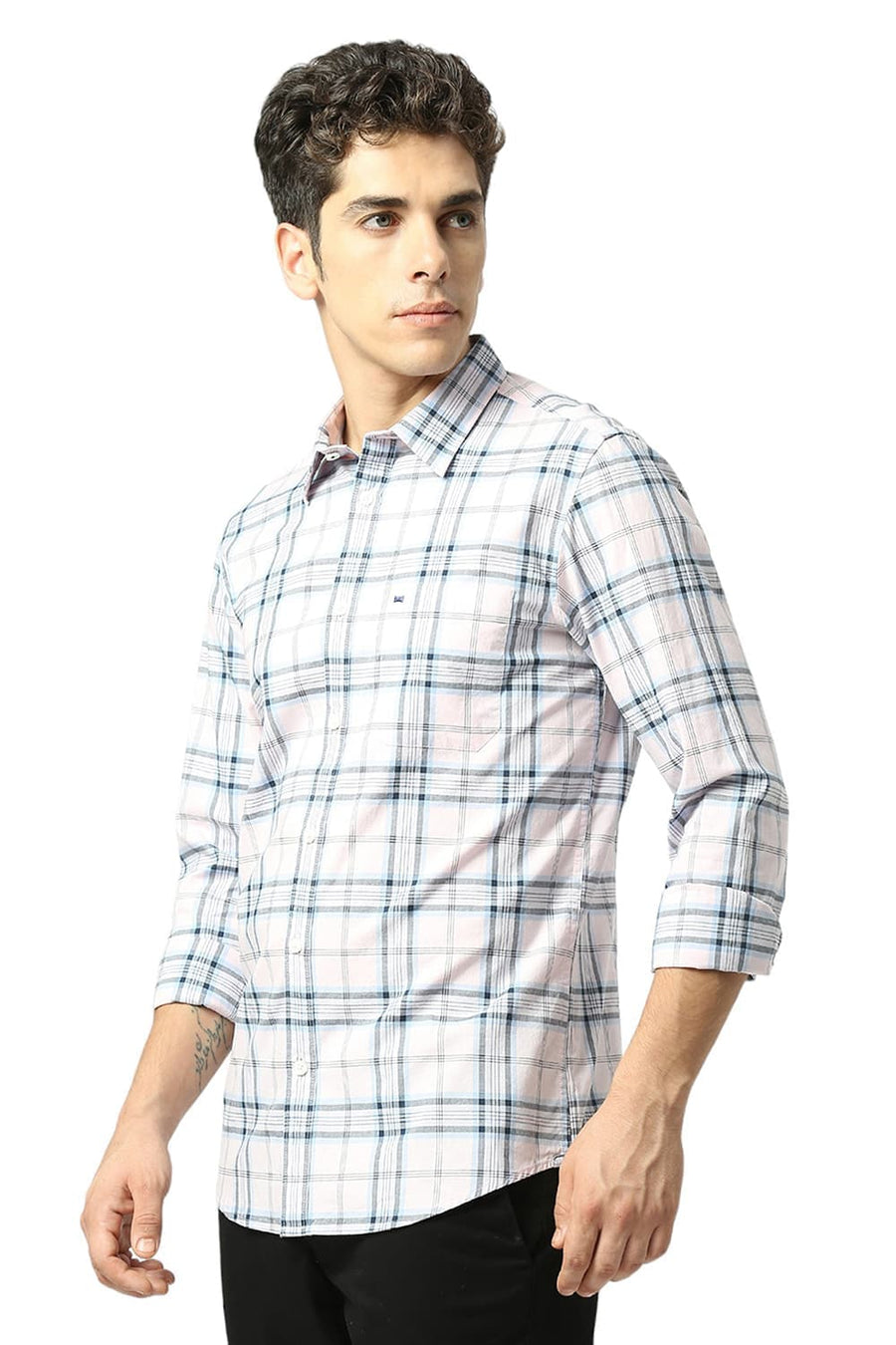 BASICS SLIM FIT BALLET PINK COTTON OXFORD CHECKS SHIRT