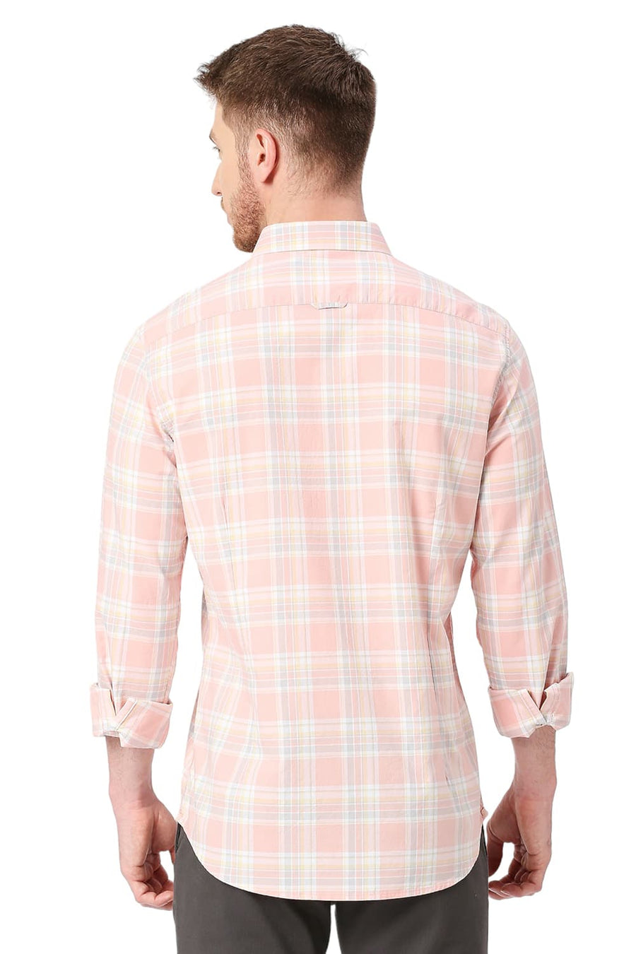 BASICS SLIM FIT PEACH DUST COTTON OXFORD CHECKS SHIRT