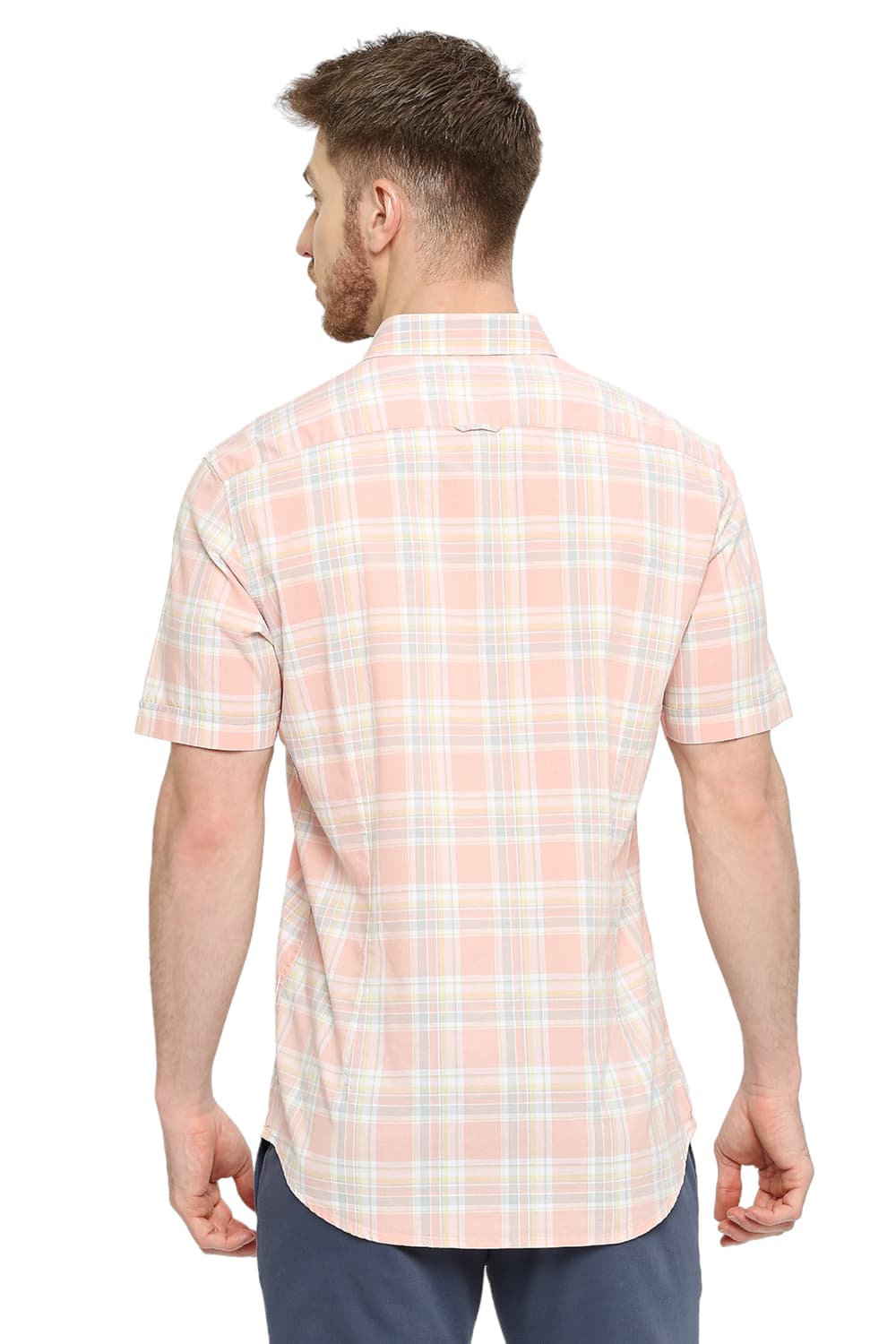 BASICS SLIM FIT COTTON OXFORD CHECKS HALFSLEEVES SHIRT