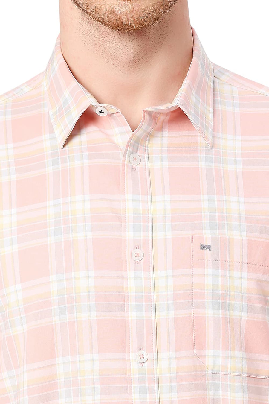 BASICS SLIM FIT PEACH DUST COTTON OXFORD CHECKS SHIRT