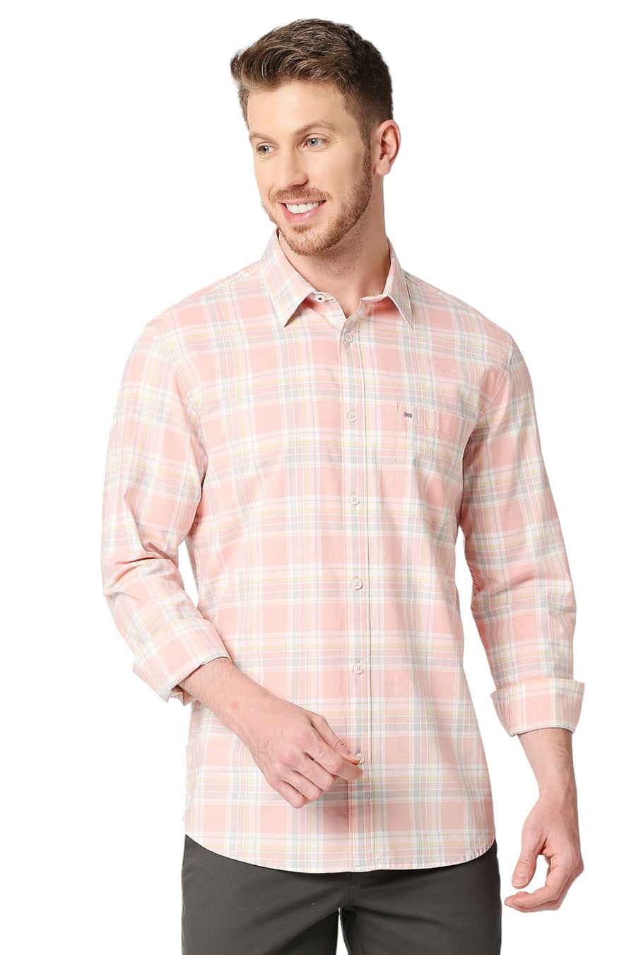 BASICS SLIM FIT PEACH DUST COTTON OXFORD CHECKS SHIRT