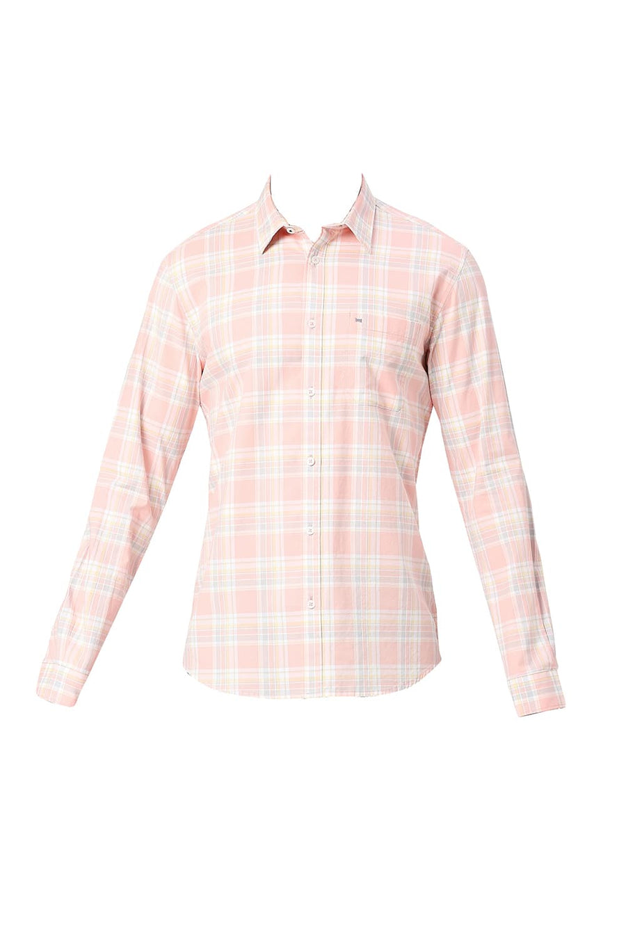 BASICS SLIM FIT PEACH DUST COTTON OXFORD CHECKS SHIRT