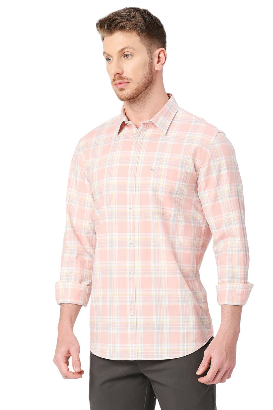 BASICS SLIM FIT PEACH DUST COTTON OXFORD CHECKS SHIRT