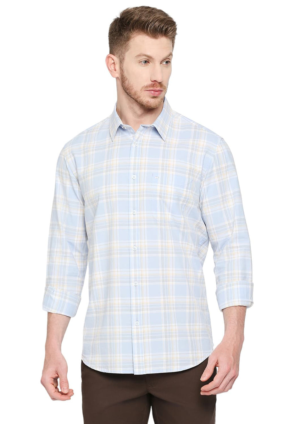 BASICS SLIM FIT AZURINE BLUE COTTON OXFORD CHECKS SHIRT