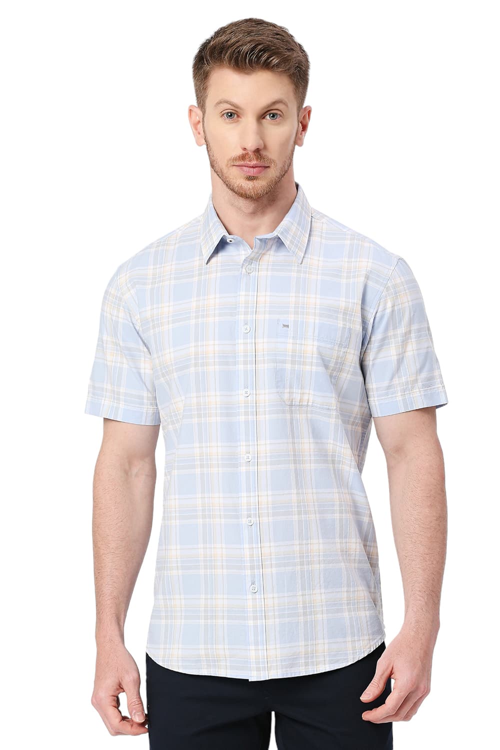 BASICS SLIM FIT COTTON OXFORD CHECKS HALFSLEEVES SHIRT