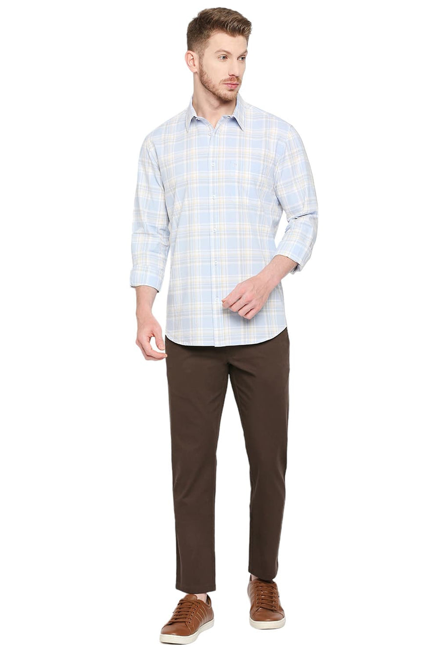 BASICS SLIM FIT AZURINE BLUE COTTON OXFORD CHECKS SHIRT
