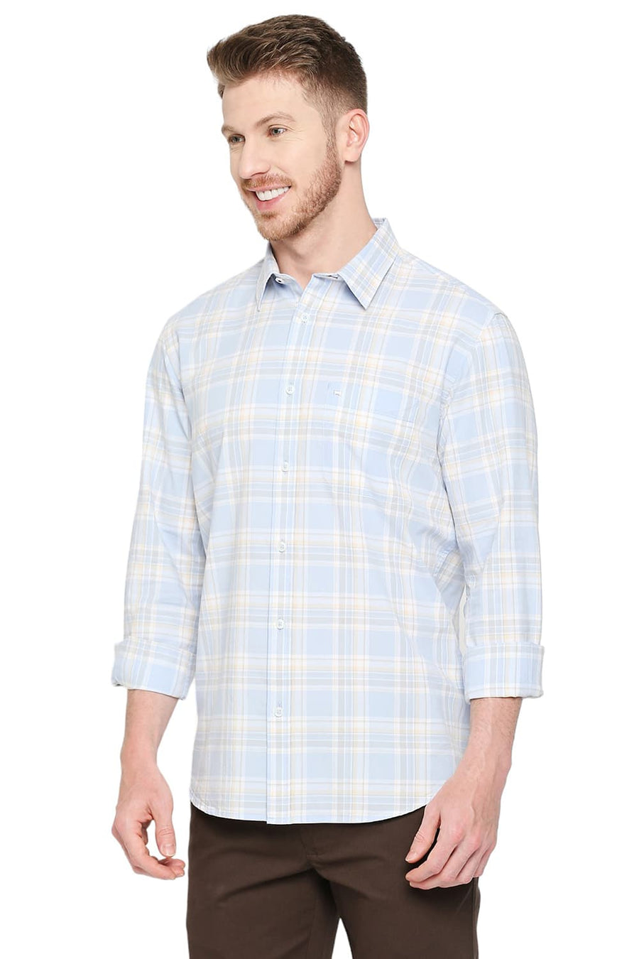 BASICS SLIM FIT AZURINE BLUE COTTON OXFORD CHECKS SHIRT