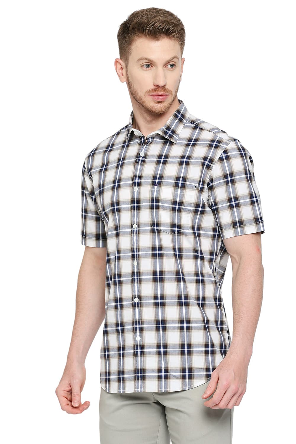 BASICS SLIM FIT COTTON CHECKS HALFSLEEVES SHIRT