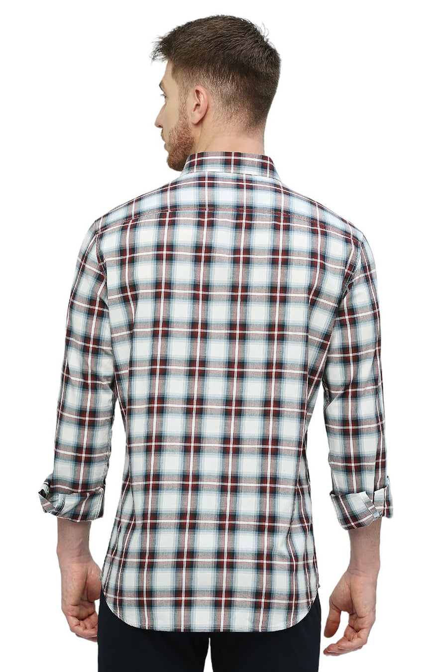BASICS SLIM FIT PLUM WINE COTTON CHECKS SHIRT