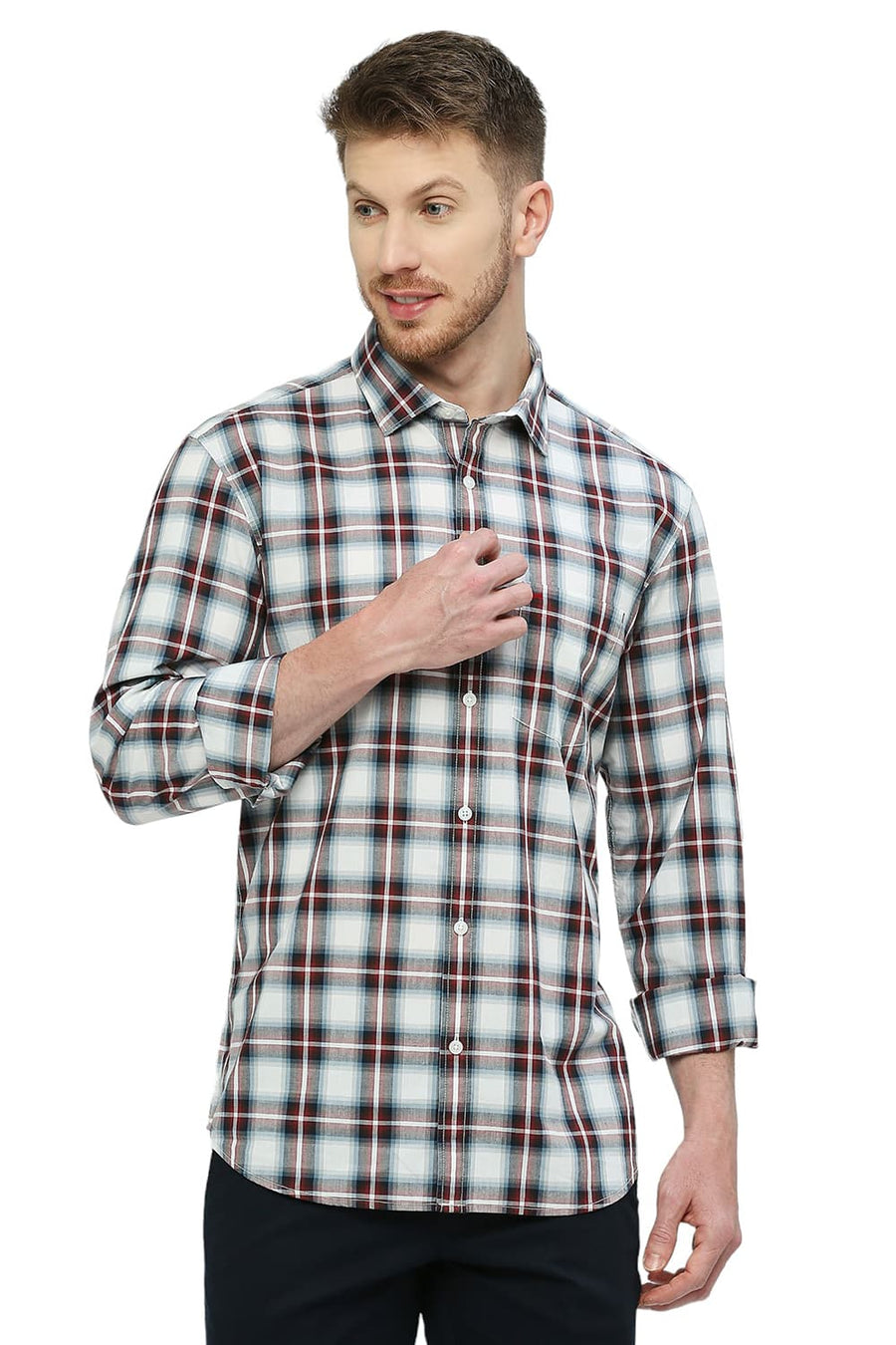 BASICS SLIM FIT PLUM WINE COTTON CHECKS SHIRT
