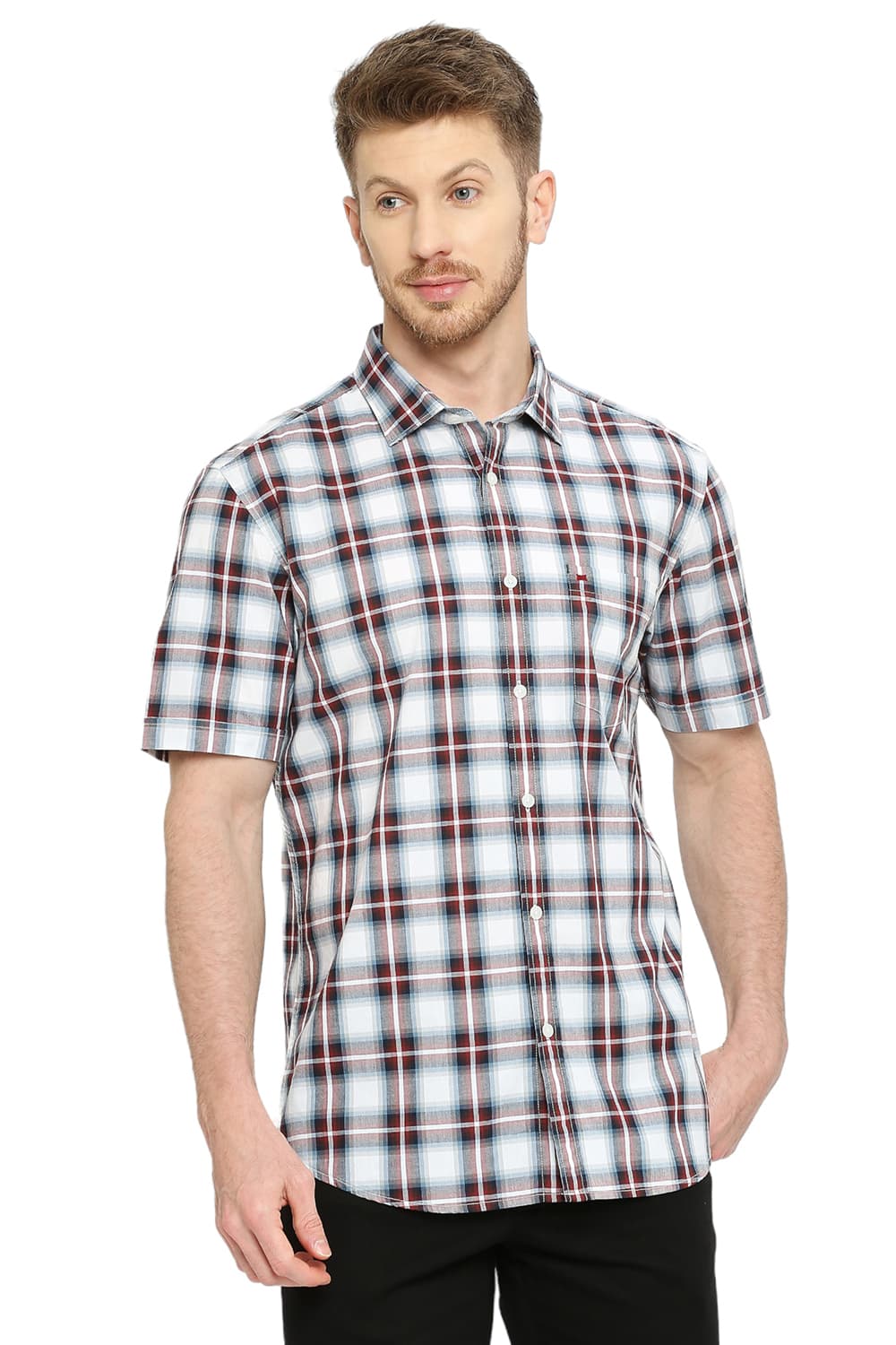 BASICS SLIM FIT COTTON CHECKS HALFSLEEVES SHIRT