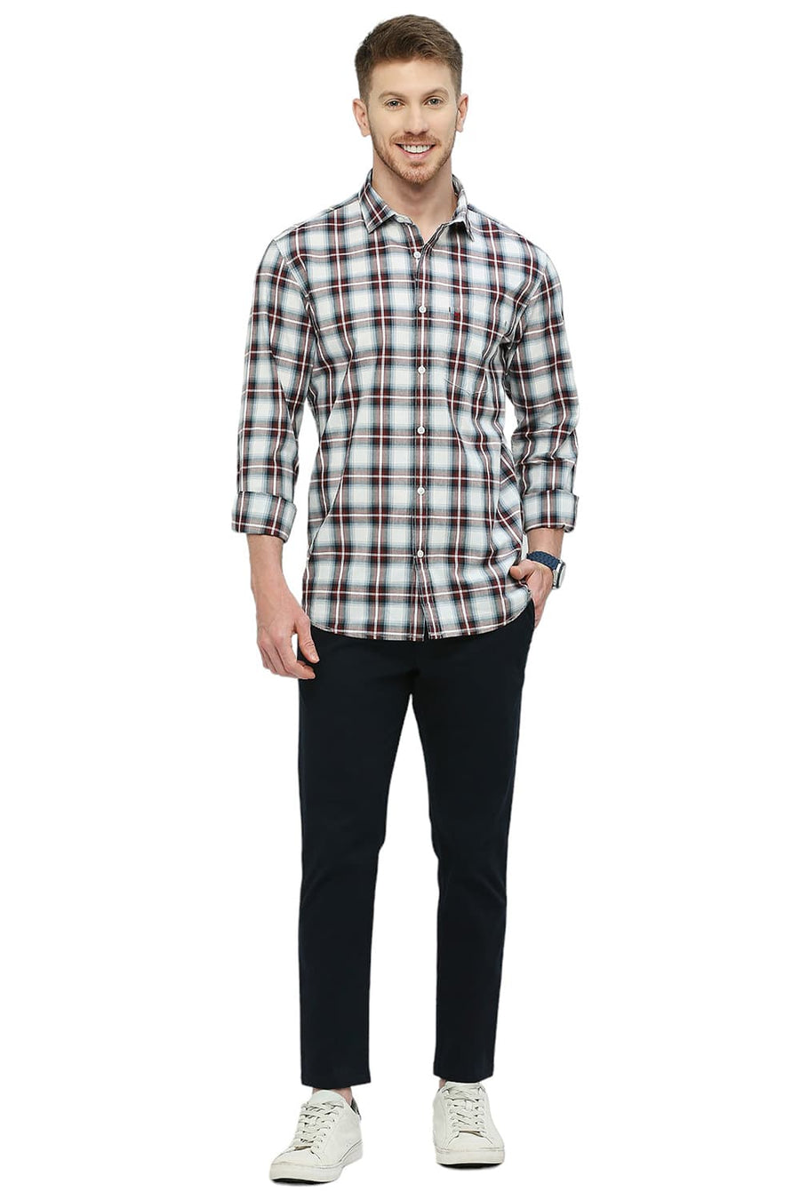 BASICS SLIM FIT PLUM WINE COTTON CHECKS SHIRT