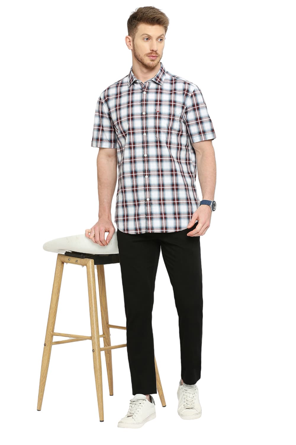 BASICS SLIM FIT COTTON CHECKS HALFSLEEVES SHIRT