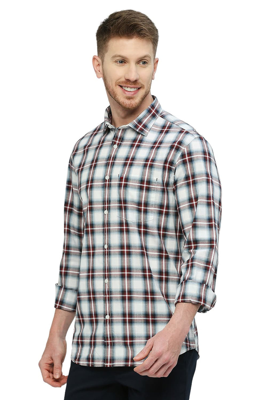 BASICS SLIM FIT PLUM WINE COTTON CHECKS SHIRT