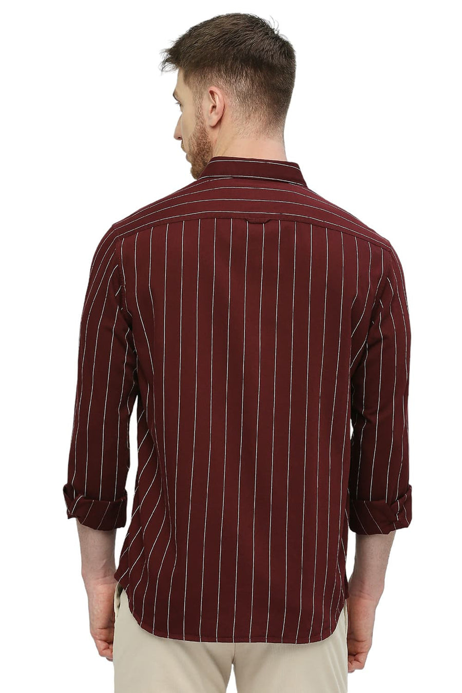 BASICS SLIM FIT POMEGRANATE WINE COTTON TWILL STRIPES SHIRT