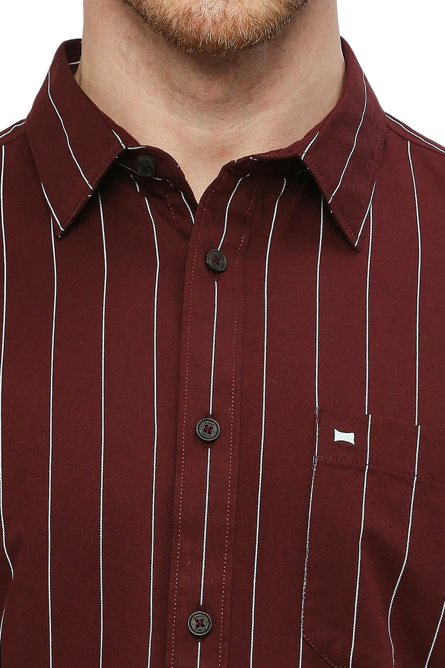 BASICS SLIM FIT POMEGRANATE WINE COTTON TWILL STRIPES SHIRT